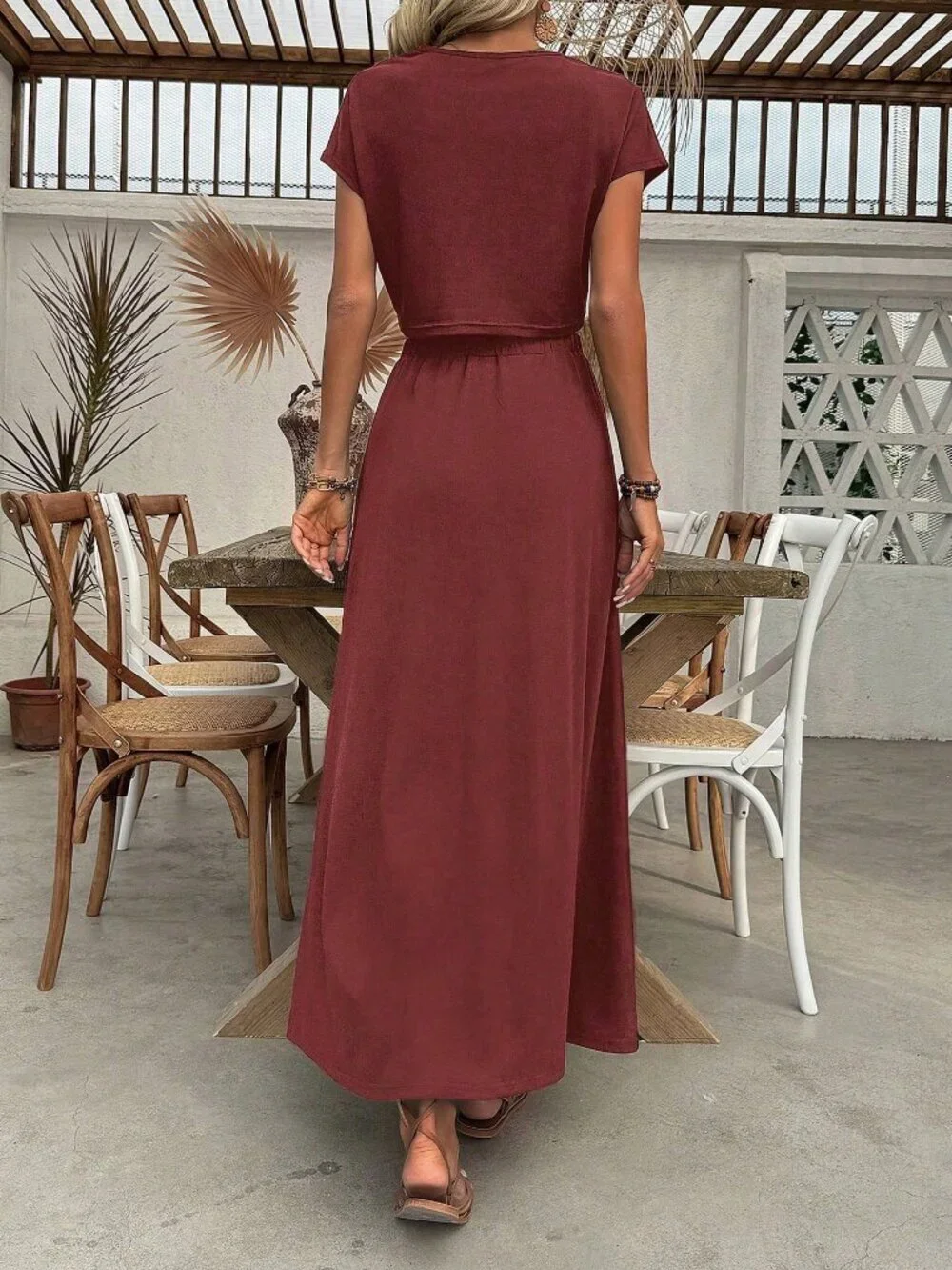 Women's Round Neck Top + Thigh-High Split Skirt Two-Piece Set